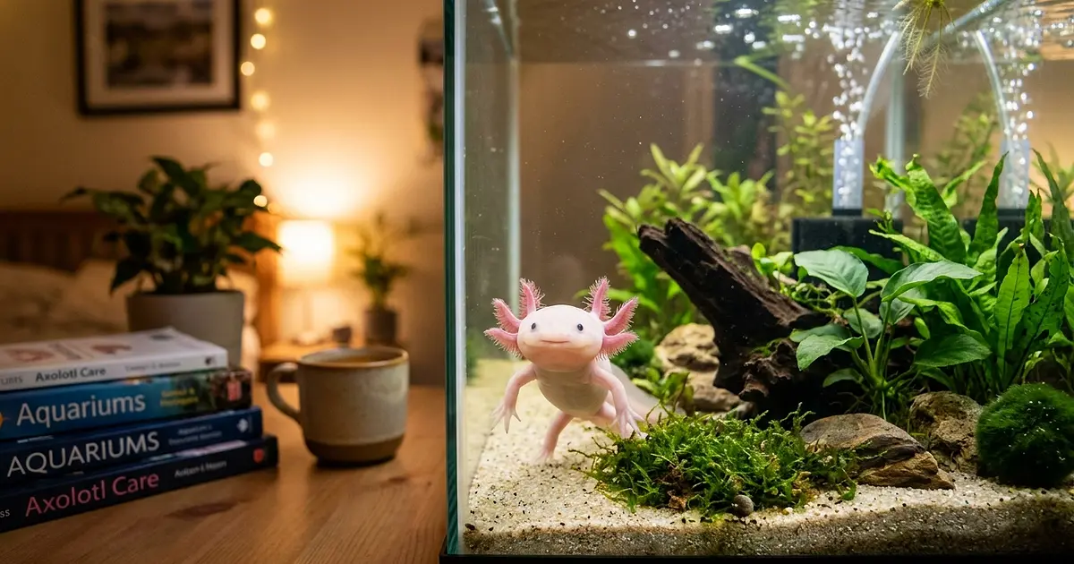 Cute leucistic axolotl in a cozy home aquarium setup