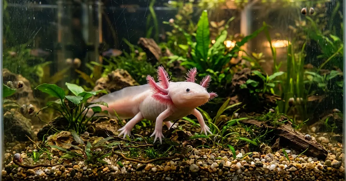 Curious axolotl walking along aquarium bottom with gills flared at dusk