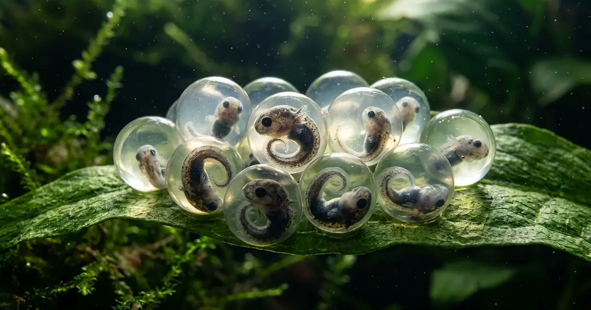 Transparent axolotl eggs with tiny embryos visible attached to aquatic plant