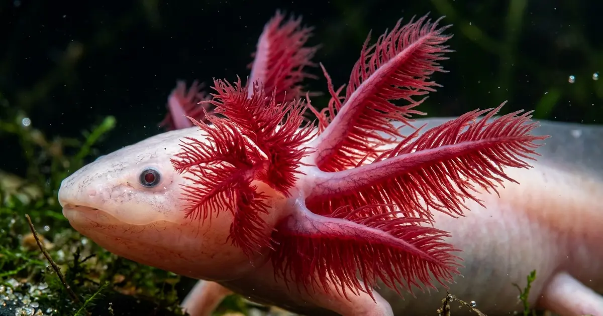 Extreme close-up of healthy vibrant red axolotl gills with feathery filaments