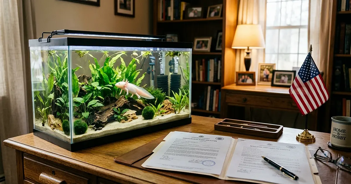 Healthy axolotl in planted aquarium next to legal documents and US flag