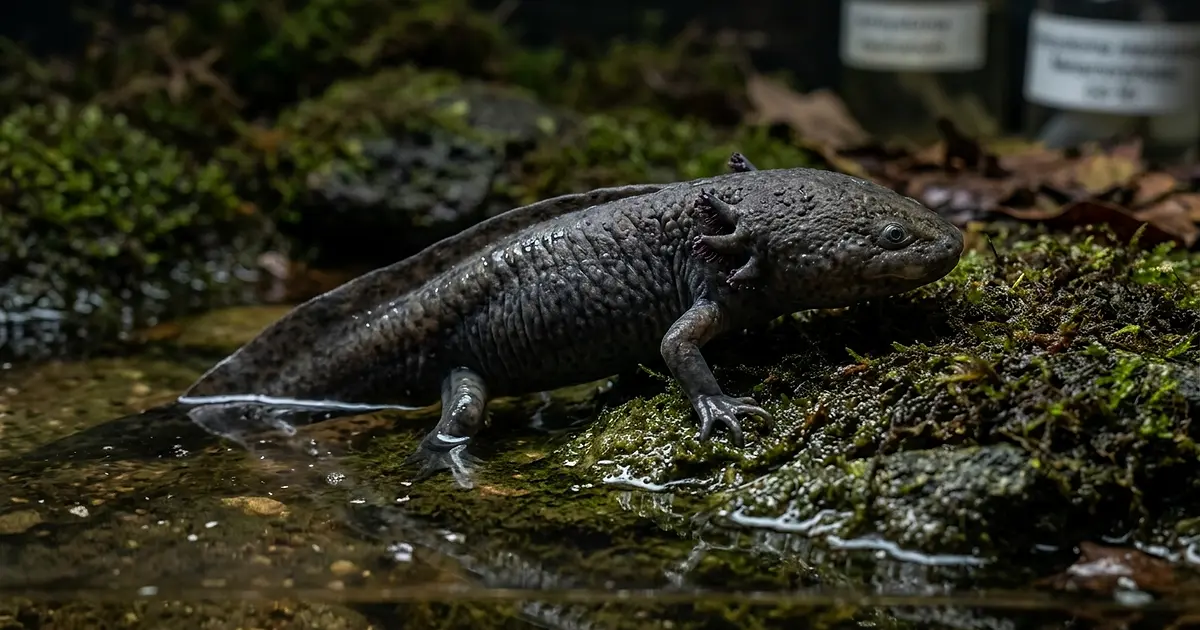 Axolotl undergoing rare metamorphosis with partially absorbed gills