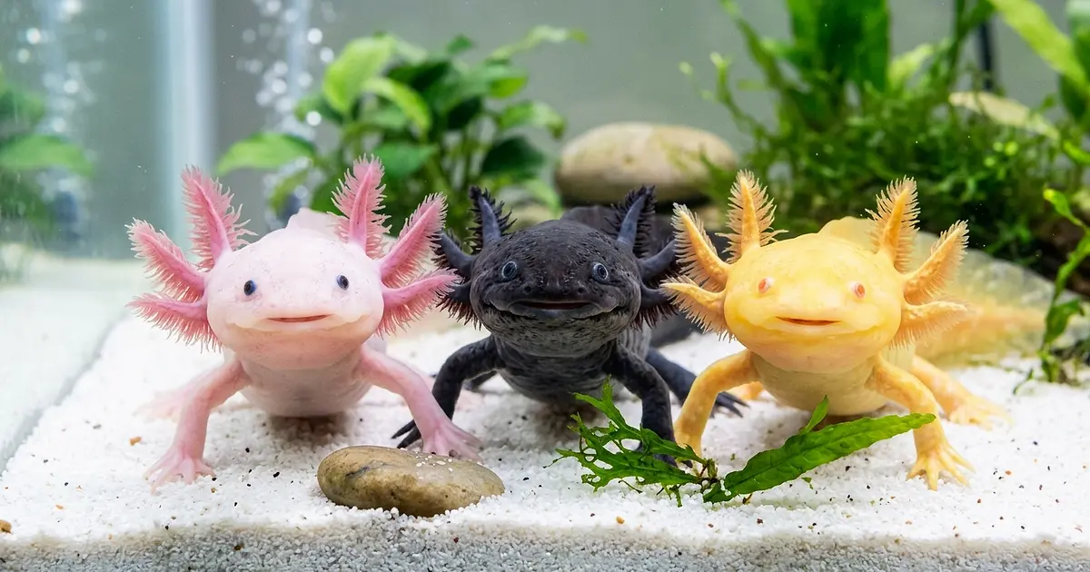 Three colorful axolotls side by side: pink leucistic, black melanoid, and golden albino