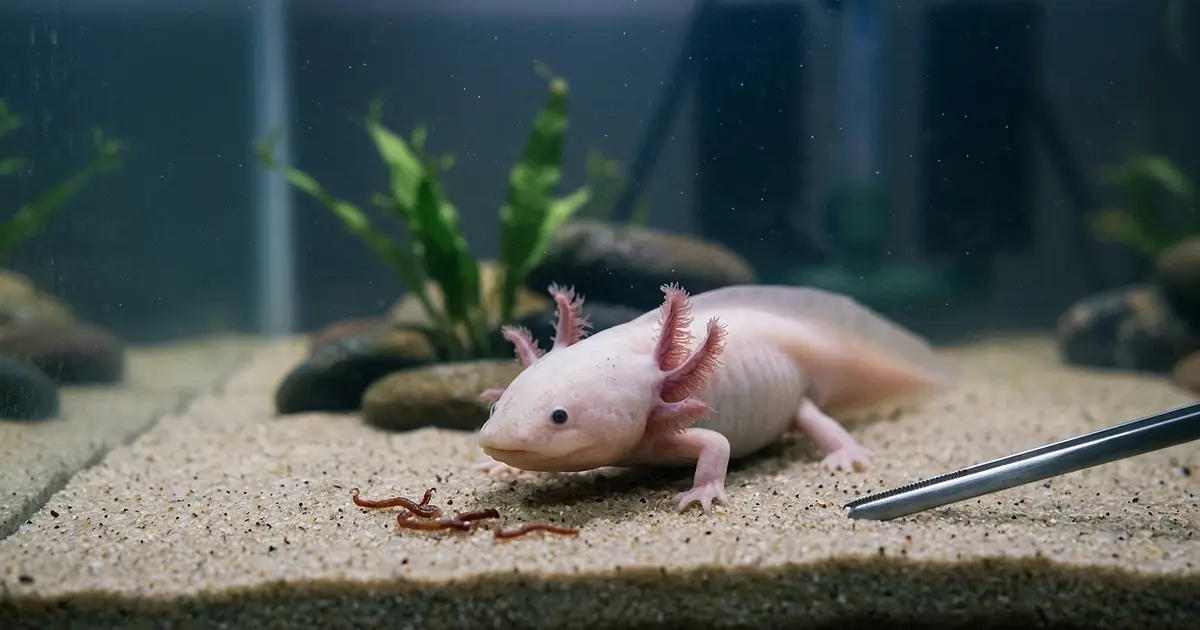 Lethargic axolotl refusing food turning away from bloodworm on feeding tongs