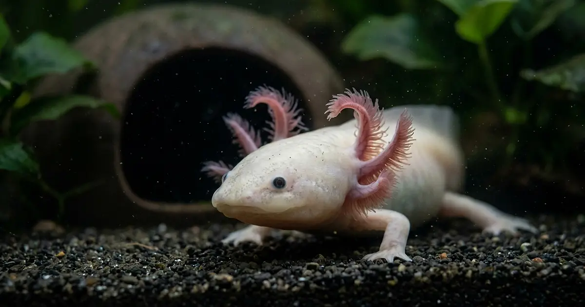 Axolotl showing stress signs with curled gill tips in a dimly lit tank
