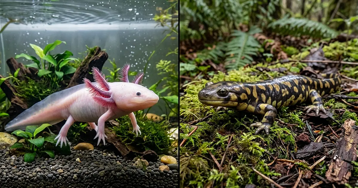 Side by side comparison of an aquatic axolotl and a terrestrial tiger salamander