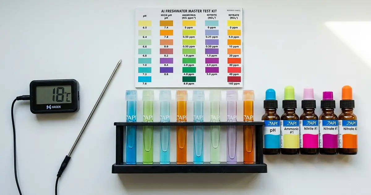 Water testing kit with colorful test tubes and digital thermometer for axolotl tank