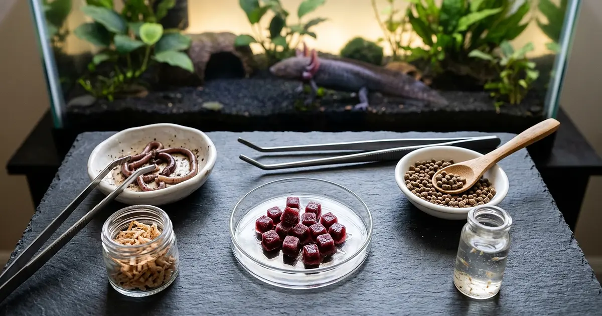 Variety of axolotl foods including earthworms bloodworms pellets and shrimp