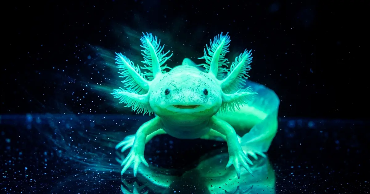 GFP axolotl glowing bright blue-green under ultraviolet light in dark aquarium
