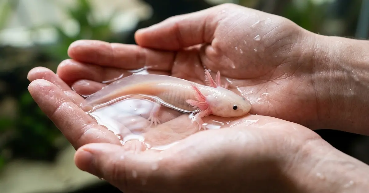 Leucistic axolotl resting gently in shallow water cupped in human hands