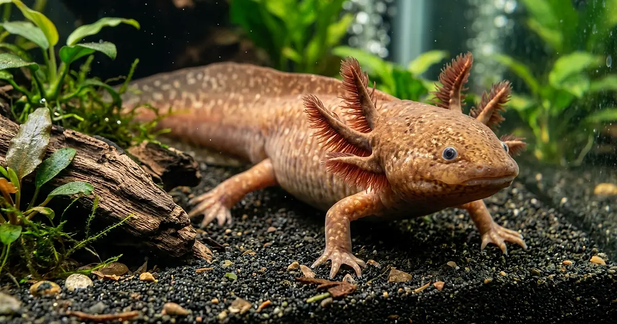 Copper morph axolotl with tawny brown skin and reddish gills in aquarium