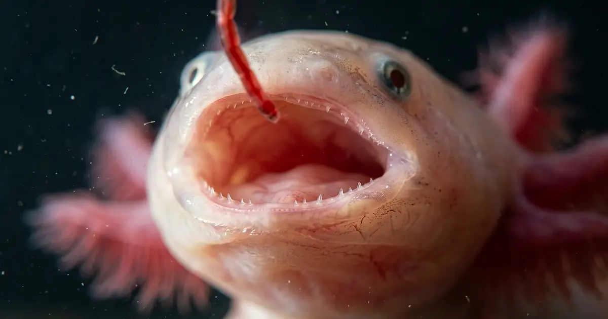Close-up of axolotl open mouth showing tiny vestigial teeth on jaw