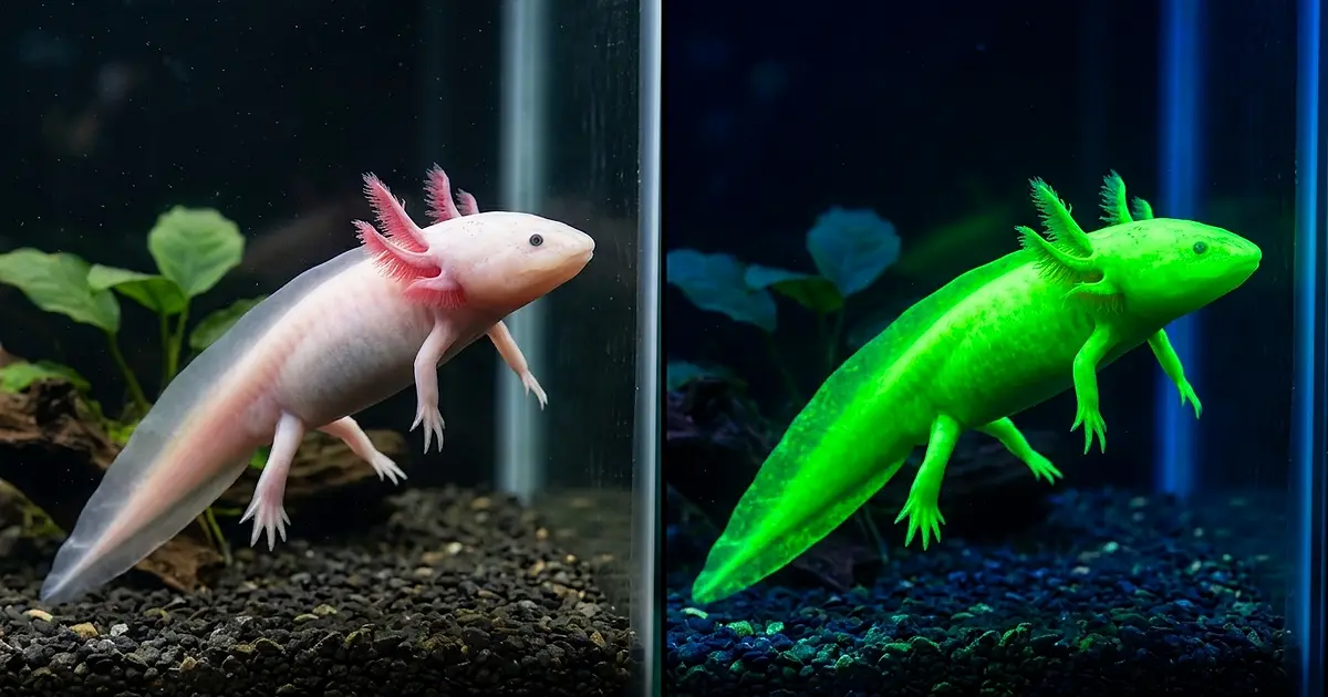 GFP axolotl fluorescing bright green under UV light showing full body glow