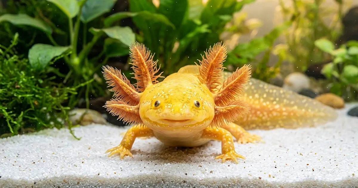 Golden albino axolotl with bright yellow skin and iridescent speckles