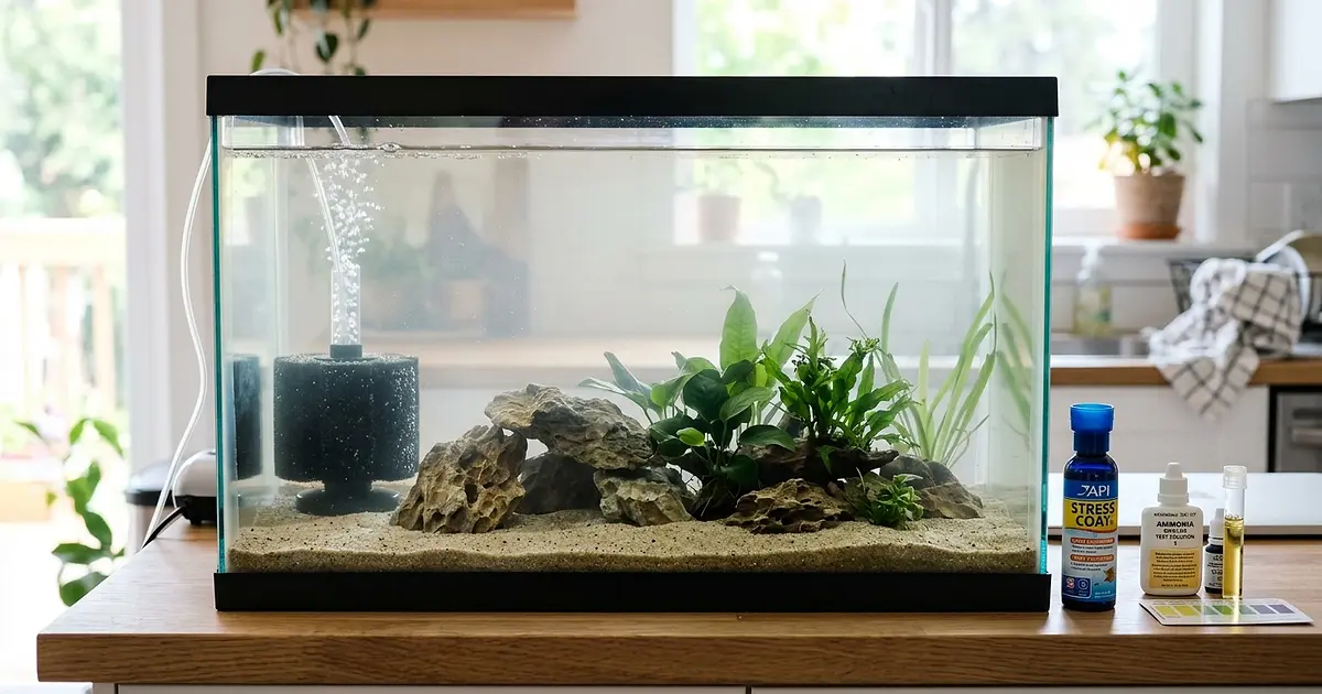 Empty aquarium being cycled with filter running and test kit nearby
