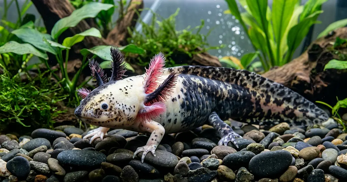 Rare mosaic axolotl with black and white patchwork pattern on its body