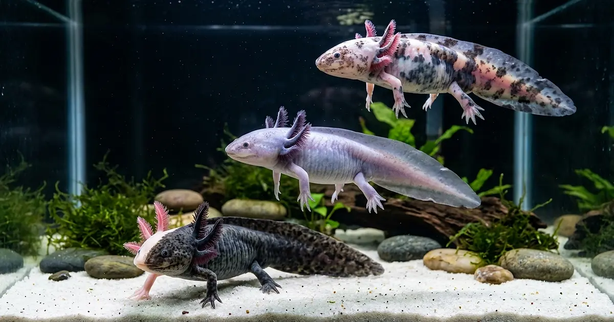 Three rare axolotl color morphs including chimera and lavender varieties