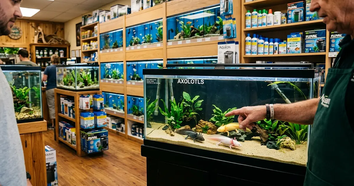 Specialty aquatic pet shop with multiple axolotl colors in display tanks