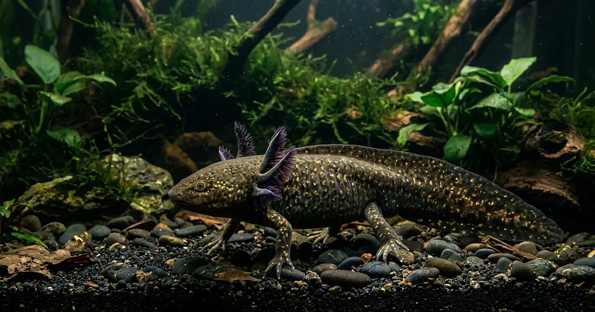 Wild type axolotl with dark olive-brown skin and golden speckles